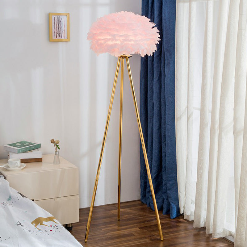 Nordic Style Feather Dome Bedside Floor Lamp - Brass Tripod, 1 Head