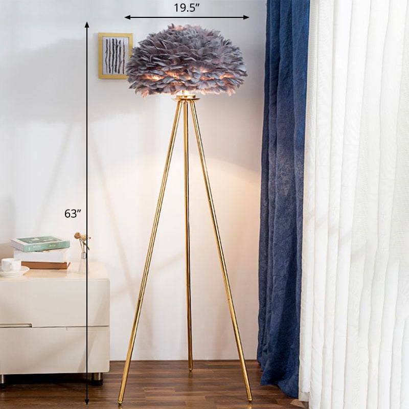 Nordic Style Feather Dome Bedside Floor Lamp - Brass Tripod, 1 Head