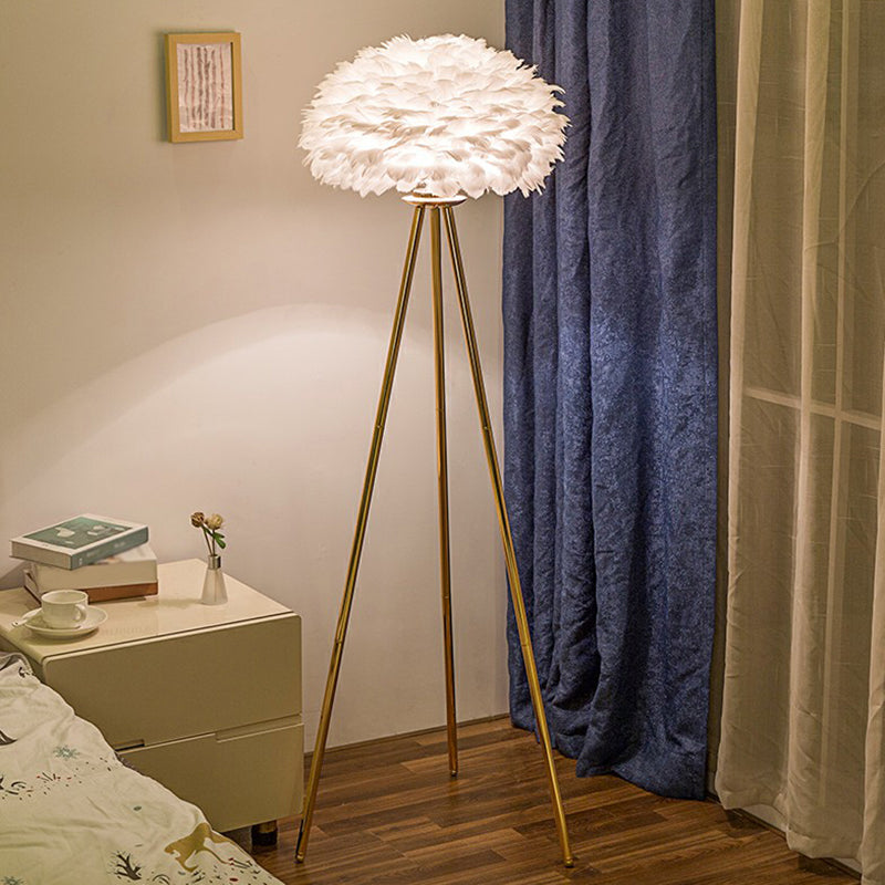 Nordic Style Feather Dome Bedside Floor Lamp - Brass Tripod, 1 Head