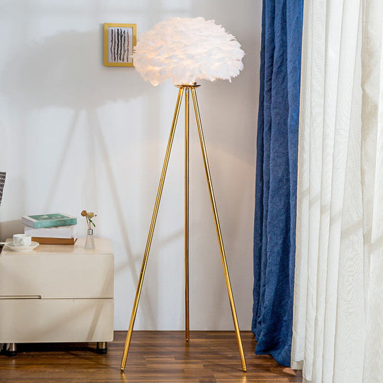 Nordic Style Feather Dome Bedside Floor Lamp - Brass Tripod, 1 Head