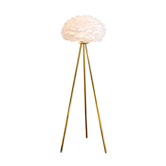 Nordic Style Feather Dome Bedside Floor Lamp - Brass Tripod, 1 Head