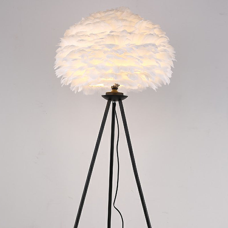 Minimalist Black-White Floor Lamp with Feather Dome Shade - 1-Light Living Room Stand Up Light
