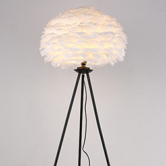 Minimalist Black-White Floor Lamp with Feather Dome Shade - 1-Light Living Room Stand Up Light