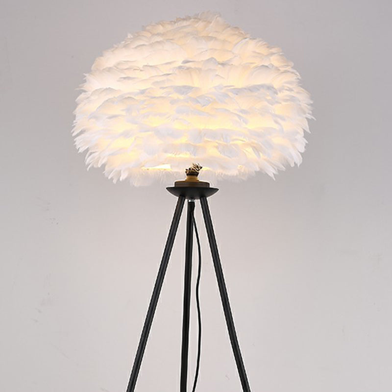 Minimalist Black-White Floor Lamp with Feather Dome Shade - 1-Light Living Room Stand Up Light