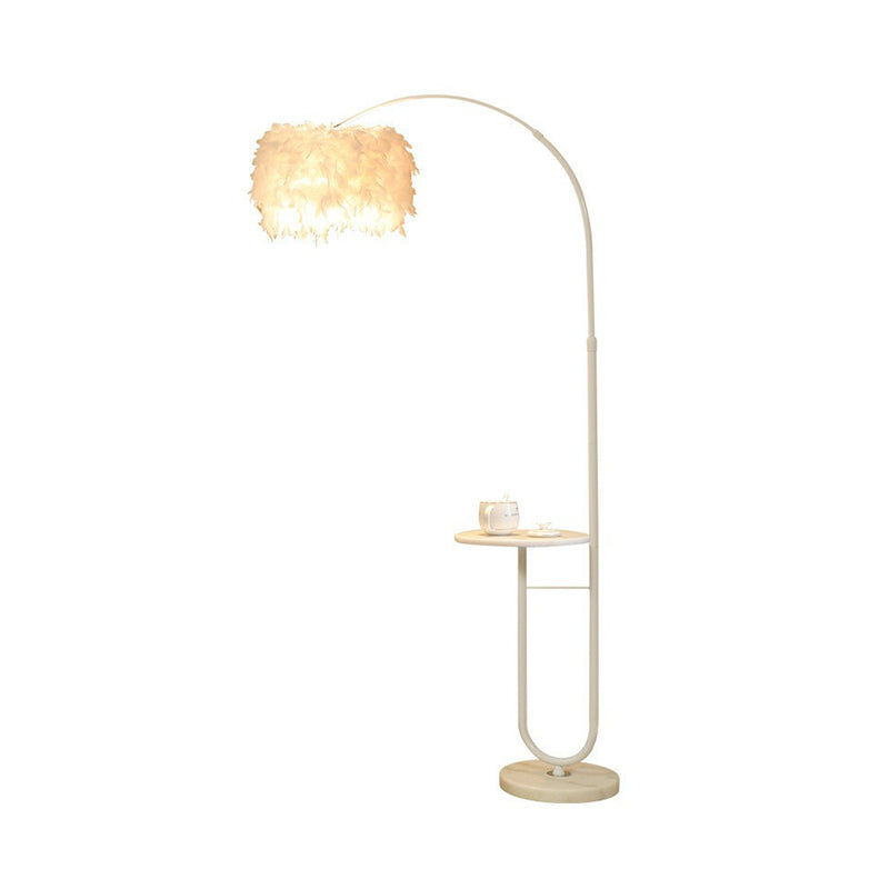 Simplicity White Drum Floor Lamp with Feather Accent, Tray, and Arc Arm