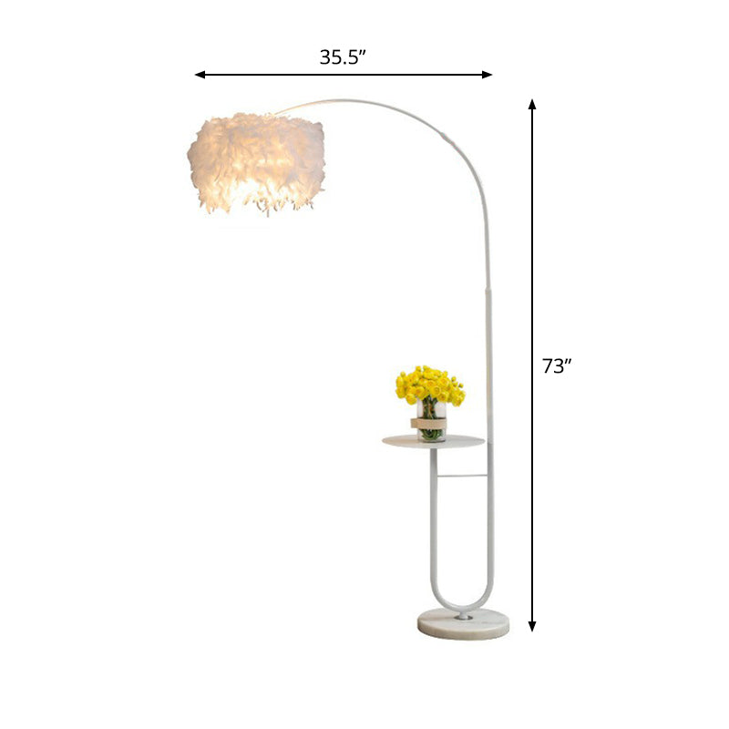 Simplicity White Drum Floor Lamp with Feather Accent, Tray, and Arc Arm