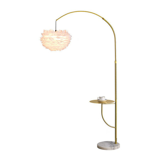 Antique Gold Arc Standing Lamp: Postmodern Metal Tray Floor Light with Feather Shade