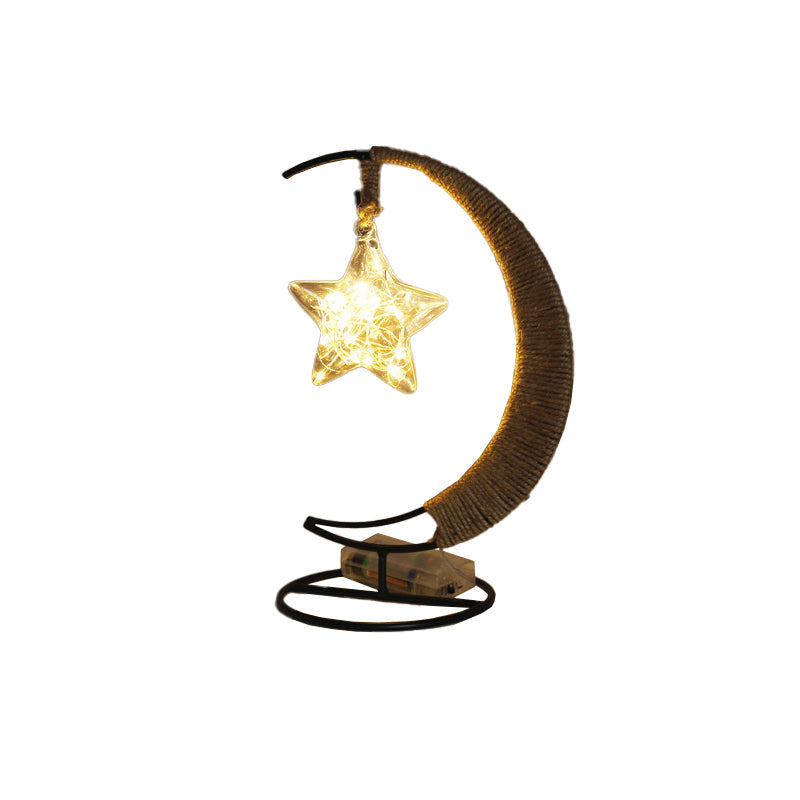 Iron Wire Crescent Table Night Lamp - Black LED Battery Powered Festive Light for Kids' Room Decor
