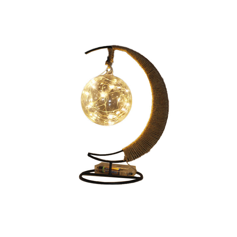 Iron Wire Crescent Table Night Lamp - Black LED Battery Powered Festive Light for Kids' Room Decor