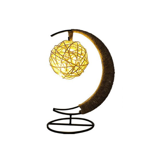 Hemp Rope Moon and Ball Table Lamp - Artistic Battery Operated LED Night Light in Black