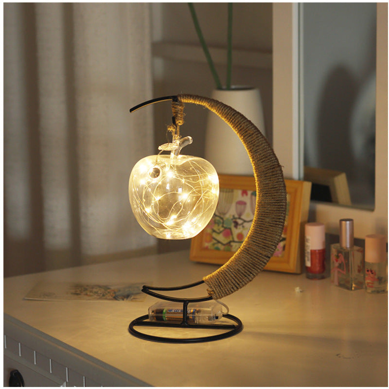 Hemp Rope Moon and Ball Table Lamp - Artistic Battery Operated LED Night Light in Black