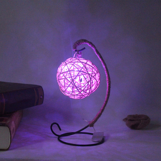 White LED Rattan Ball Night Light with Curved Arm for Kids (Battery-Powered)