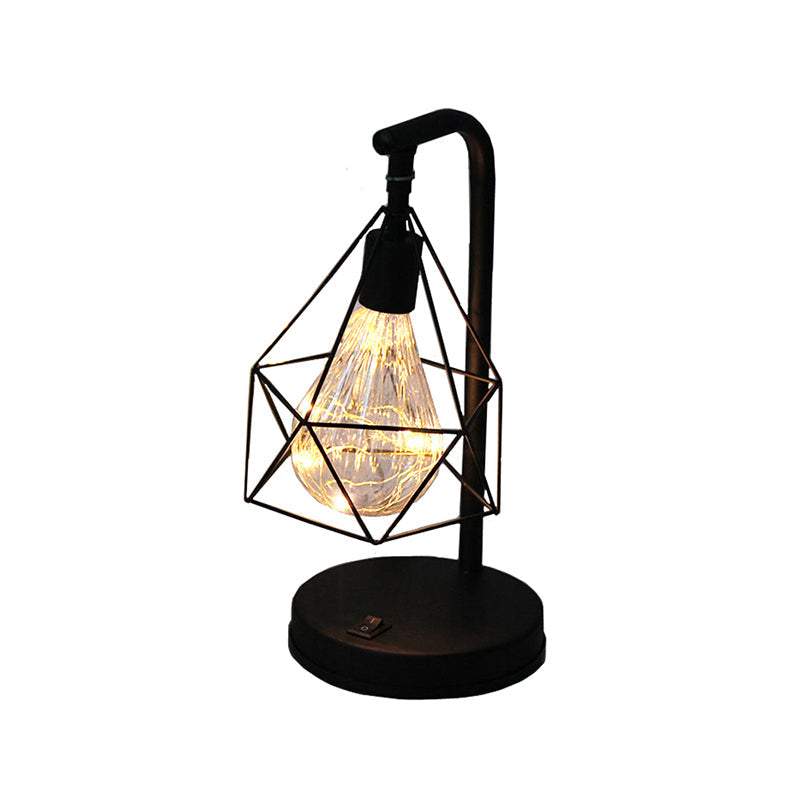 Art Deco LED Night Light for Kids' Bedroom - Black Table Lamp with Diamond Iron Cage Design