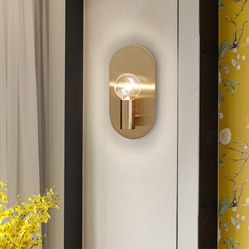 Modern Gold Finish Wall Sconce with Exposed Bulb Design and Oval Backplate