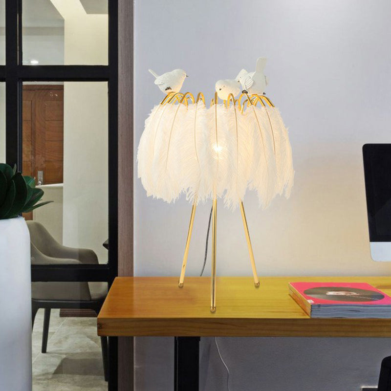 Feather Night Light: Elegant 1-Light Gold Table Lamp with Tripod Stand