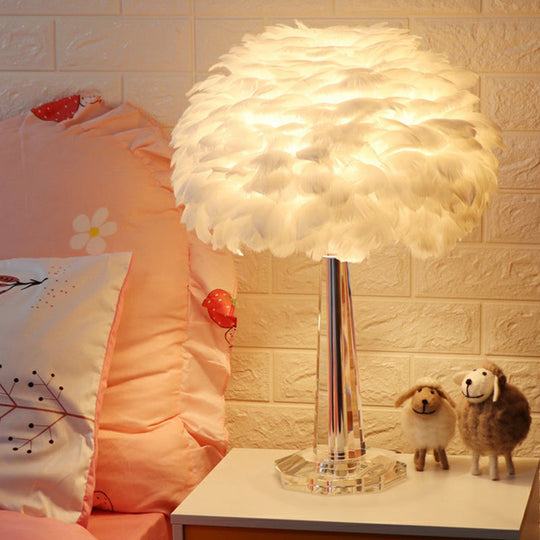 Nordic Bedside Lamp with Feather Shade & Crystal Accent - 1-Light Table Light