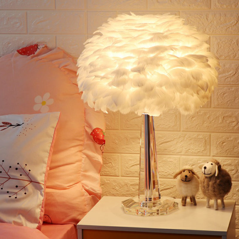 Nordic Bedside Lamp with Feather Shade & Crystal Accent - 1-Light Table Light