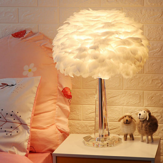 Nordic Bedside Lamp with Feather Shade & Crystal Accent - 1-Light Table Light