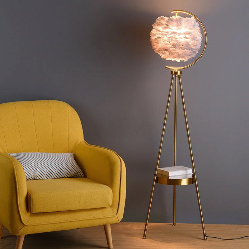 Nordic Feather Ball Floor Lamp with Brass Tripod and Tray