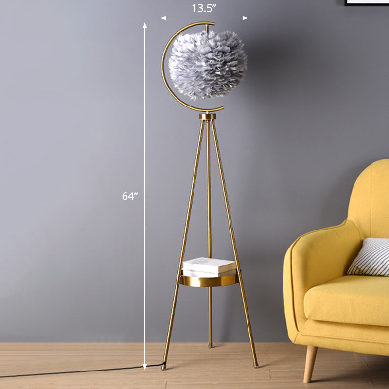 Nordic Feather Ball Floor Lamp with Brass Tripod and Tray