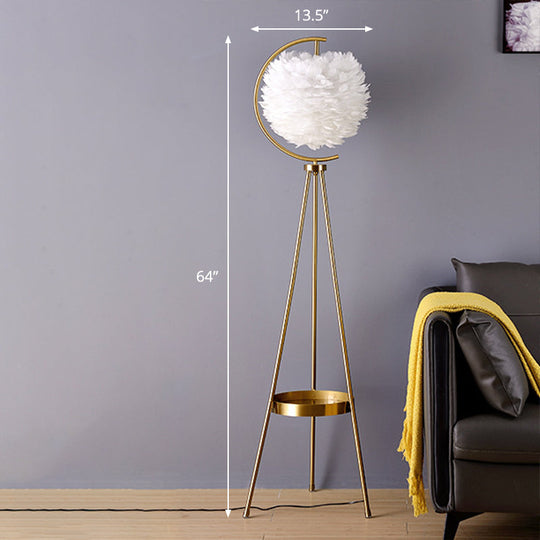 Nordic Feather Ball Floor Lamp with Brass Tripod and Tray