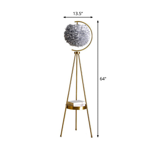 Nordic Feather Ball Floor Lamp with Brass Tripod and Tray