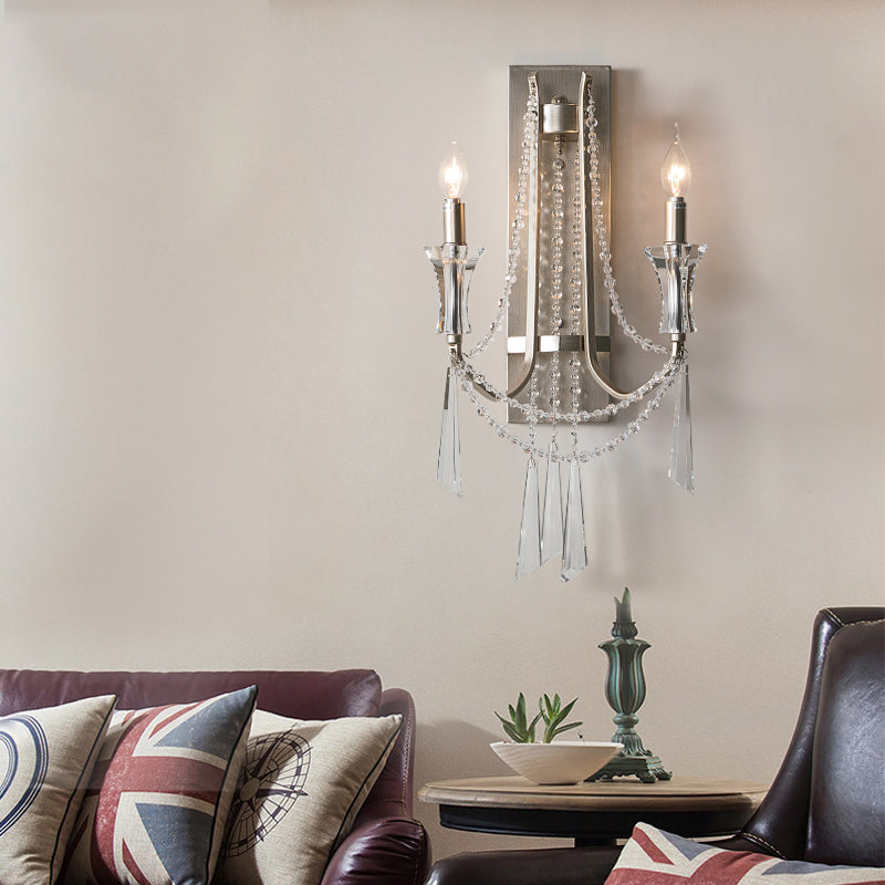 French Country Style 2-Bulb Candle Wall Lamp with Crystals - Brushed Silver Metal Wall Light