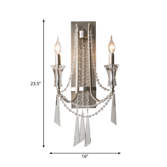 French Country Style 2-Bulb Candle Wall Lamp with Crystals - Brushed Silver Metal Wall Light