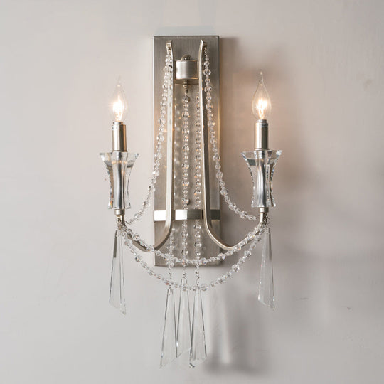French Country Style 2-Bulb Candle Wall Lamp with Crystals - Brushed Silver Metal Wall Light