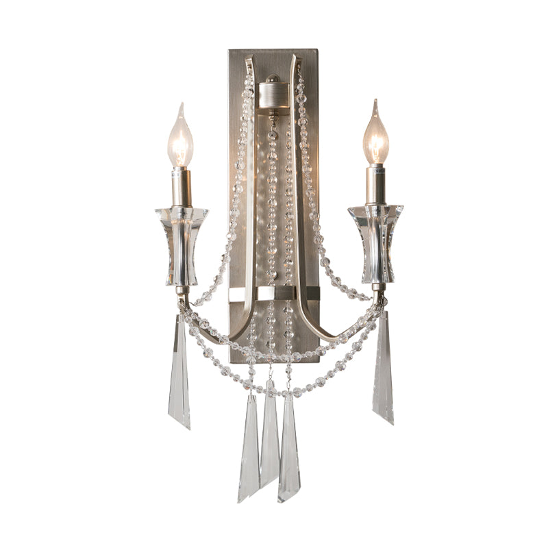 French Country Style 2-Bulb Candle Wall Lamp with Crystals - Brushed Silver Metal Wall Light