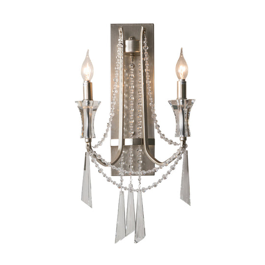 French Country Style 2-Bulb Candle Wall Lamp with Crystals - Brushed Silver Metal Wall Light