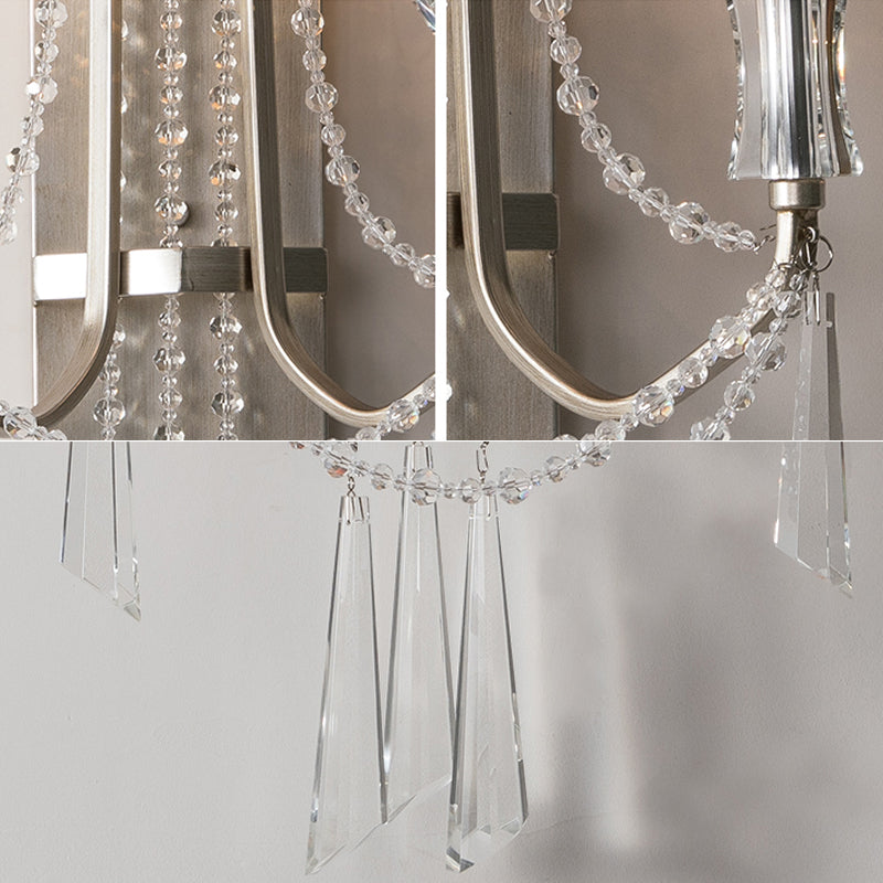 French Country Style 2-Bulb Candle Wall Lamp with Crystals - Brushed Silver Metal Wall Light