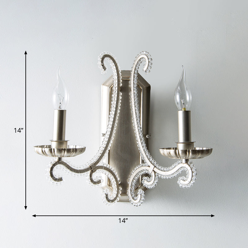 Silver Crystal Beaded Wall Lighting Fixture: Elegant Rustic Candlestick Lamp for Corridor