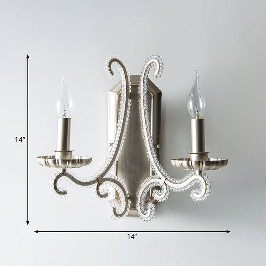 Silver Crystal Beaded Wall Lighting Fixture: Elegant Rustic Candlestick Lamp for Corridor