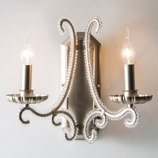 Silver Crystal Beaded Wall Lighting Fixture: Elegant Rustic Candlestick Lamp for Corridor