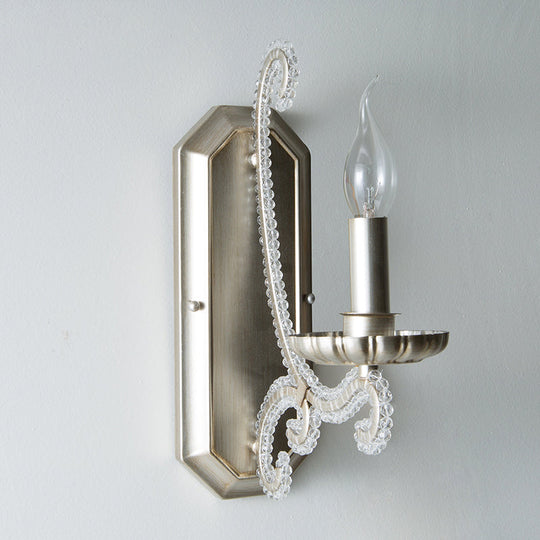 Silver Crystal Beaded Wall Lighting Fixture: Elegant Rustic Candlestick Lamp for Corridor