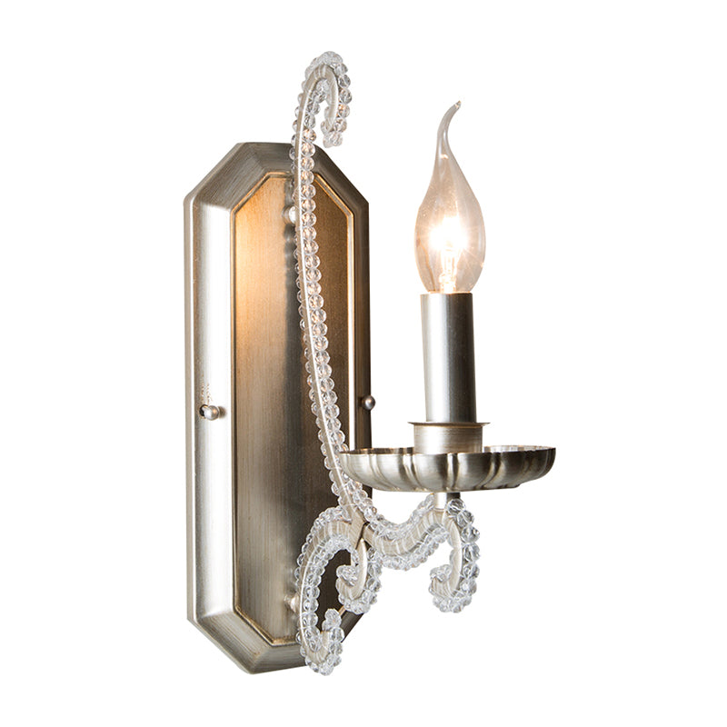 Silver Crystal Beaded Wall Lighting Fixture: Elegant Rustic Candlestick Lamp for Corridor