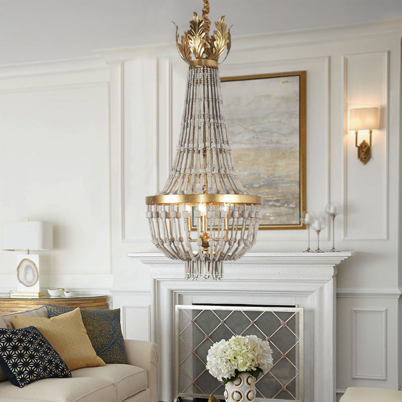 Traditional Gold Empire Style Hanging Chandelier Light Fixture with Wood Strand Details and 3 Lights for Stairways