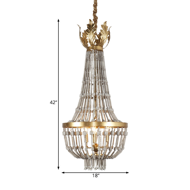 Traditional Gold Empire Style Hanging Chandelier Light Fixture with Wood Strand Details and 3 Lights for Stairways