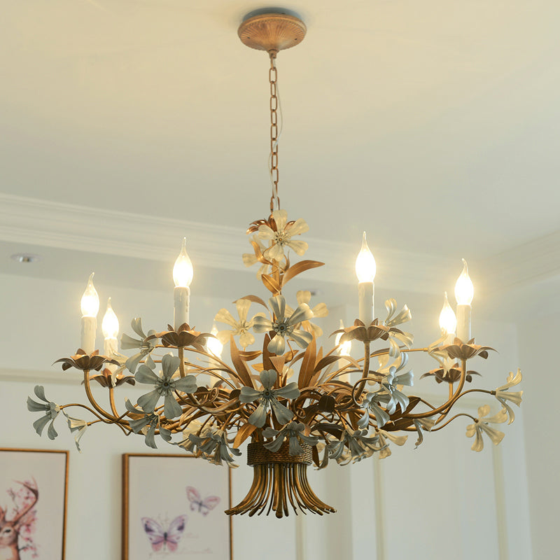 Traditional Brass Chandelier with 8 Lights - Elegant Metal Flower Hanging Fixture for Living Room