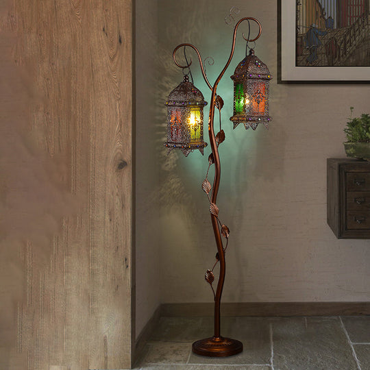 Rustic Lantern Floor Lamp with Ivy Decor - Metal Stand, 2 Bulbs, Brown - Ideal for Living Rooms