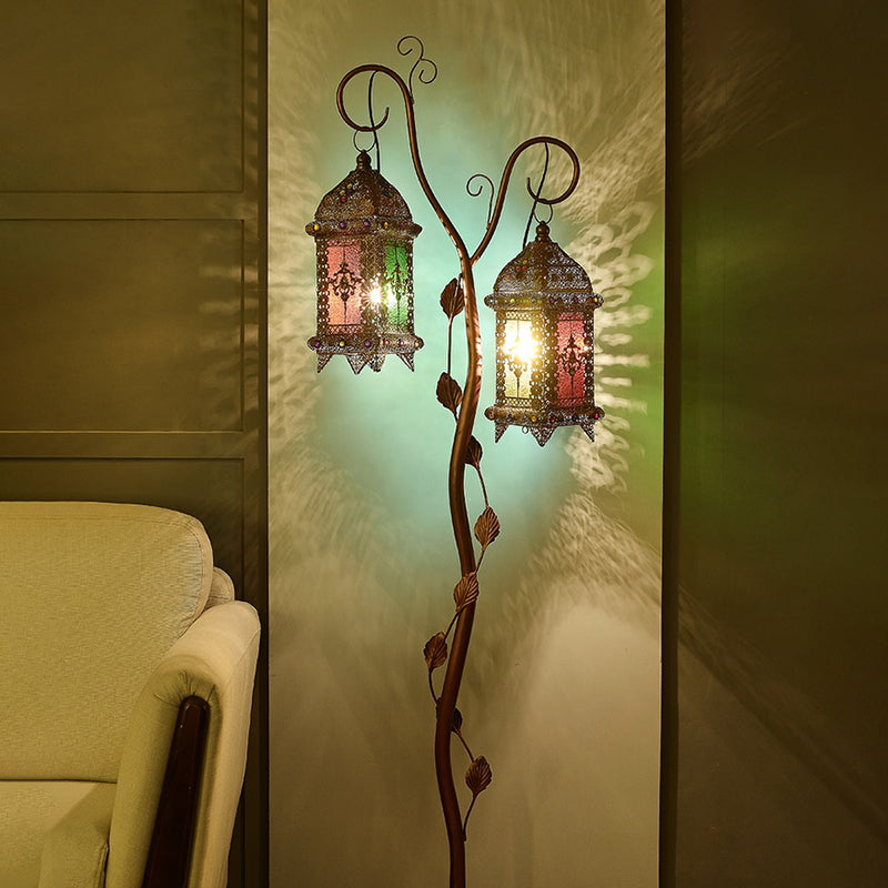Rustic Lantern Floor Lamp with Ivy Decor - Metal Stand, 2 Bulbs, Brown - Ideal for Living Rooms