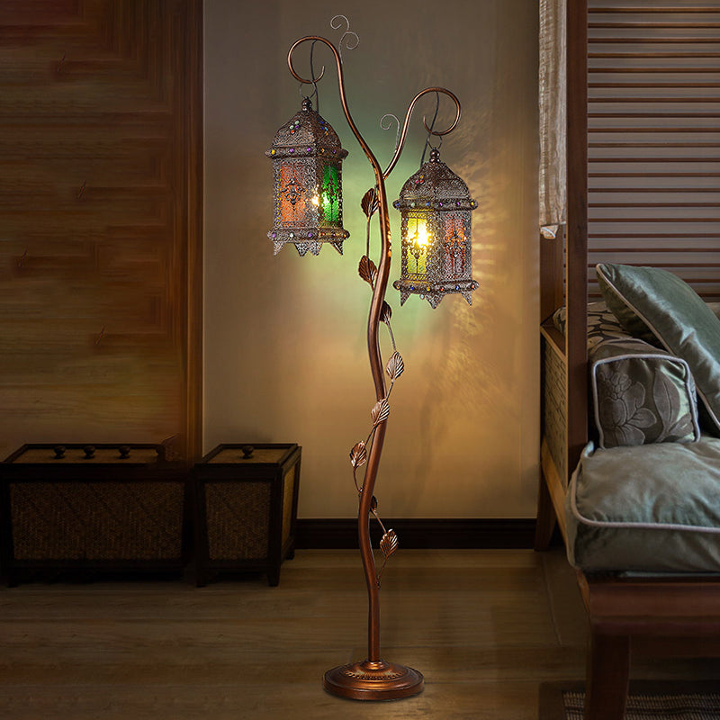 Rustic Lantern Floor Lamp with Ivy Decor - Metal Stand, 2 Bulbs, Brown - Ideal for Living Rooms