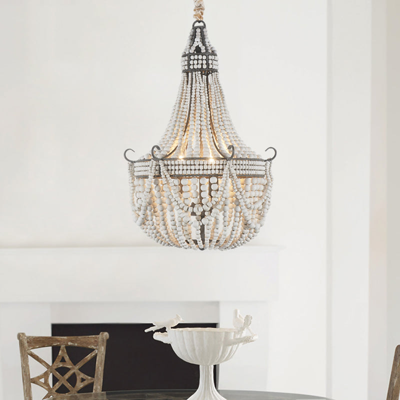 Wood Strand Chandelier Light - Empire Shape, 3 Lights, Bedroom Ceiling - White