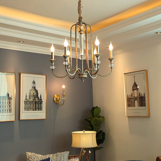 Rustic Metal Chandelier: 6-Light Candle Pendant with Aged Silver Finish - Ideal for Living Room Ceiling