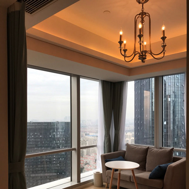 Rustic Metal Chandelier: 6-Light Candle Pendant with Aged Silver Finish - Ideal for Living Room Ceiling