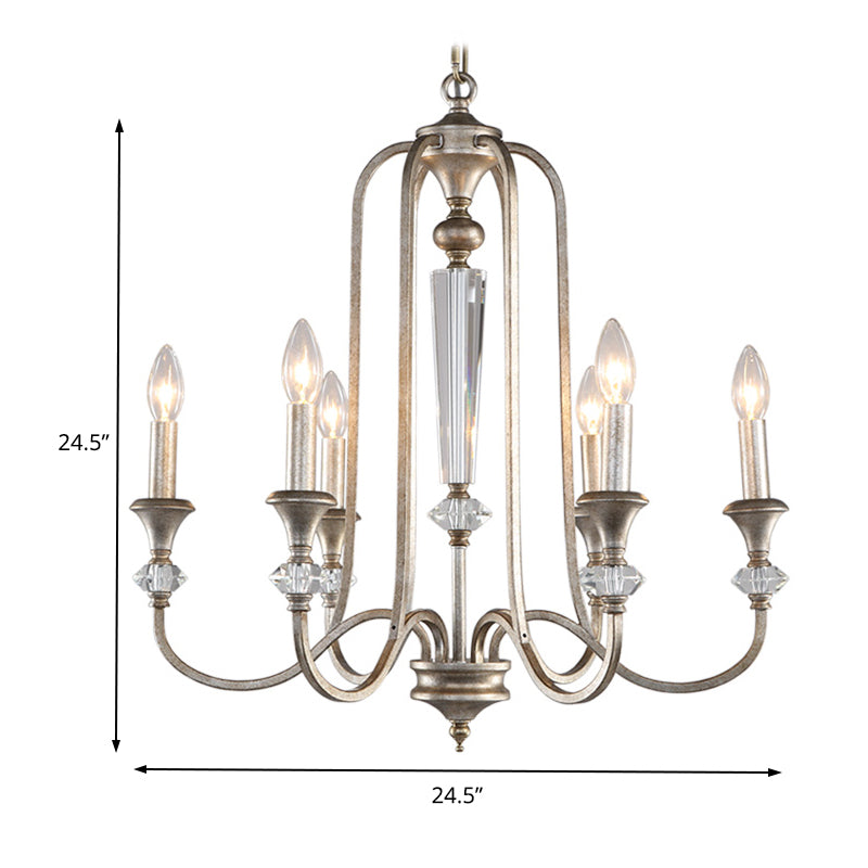 Rustic Metal Chandelier: 6-Light Candle Pendant with Aged Silver Finish - Ideal for Living Room Ceiling