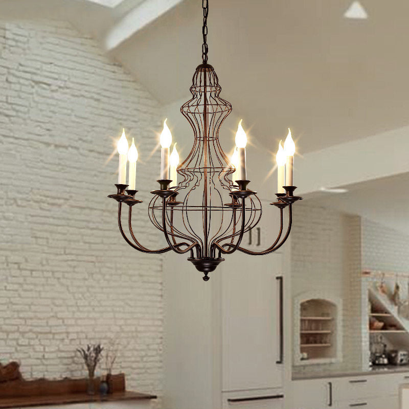 Rustic Metal Chandelier with 6/8 Lights - Candle-inspired Dining Room Pendant Lighting in Black & Coffee