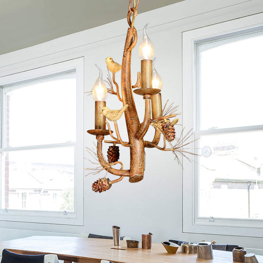 Rustic Metal Chandelier with Candle Dining Room Ceiling Fixture - 3/5 Lights, Wood Hanging Design with Branch and Birds