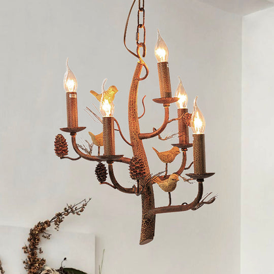 Rustic Metal Chandelier with Candle Dining Room Ceiling Fixture - 3/5 Lights, Wood Hanging Design with Branch and Birds